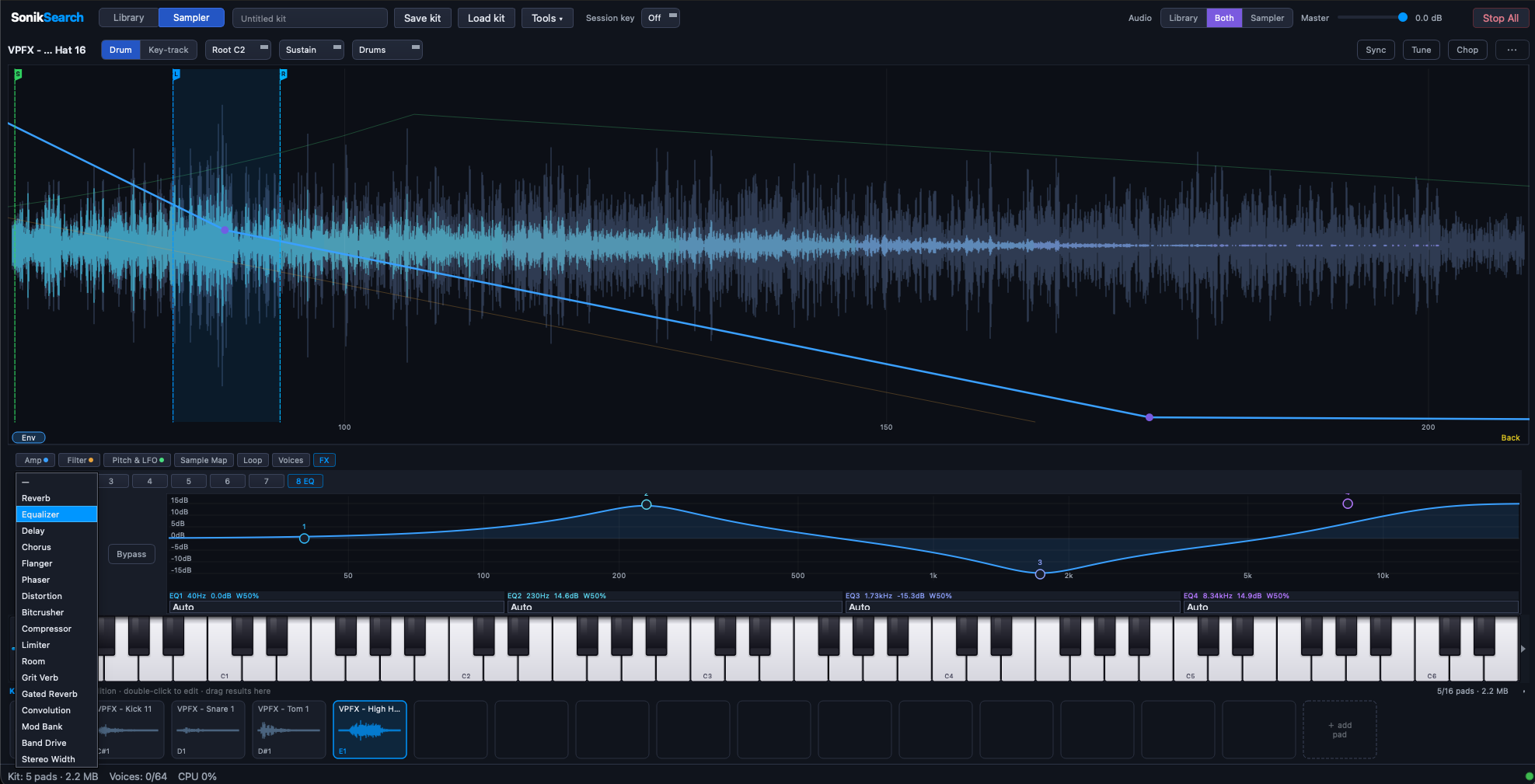 SonikSearch Sampler: envelopes drawn on the waveform, per-pad FX rack with graphical EQ, on-screen keyboard, and kit dock
